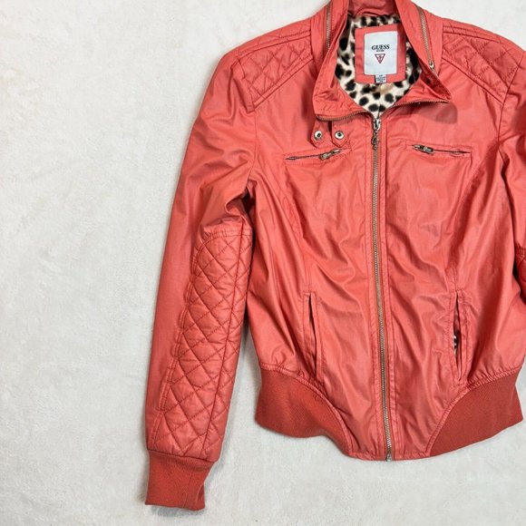 Guess Women's S Faux Leather Bomber Biker Jacket Red Pink Quilted Outerwear - Picture 5 of 16